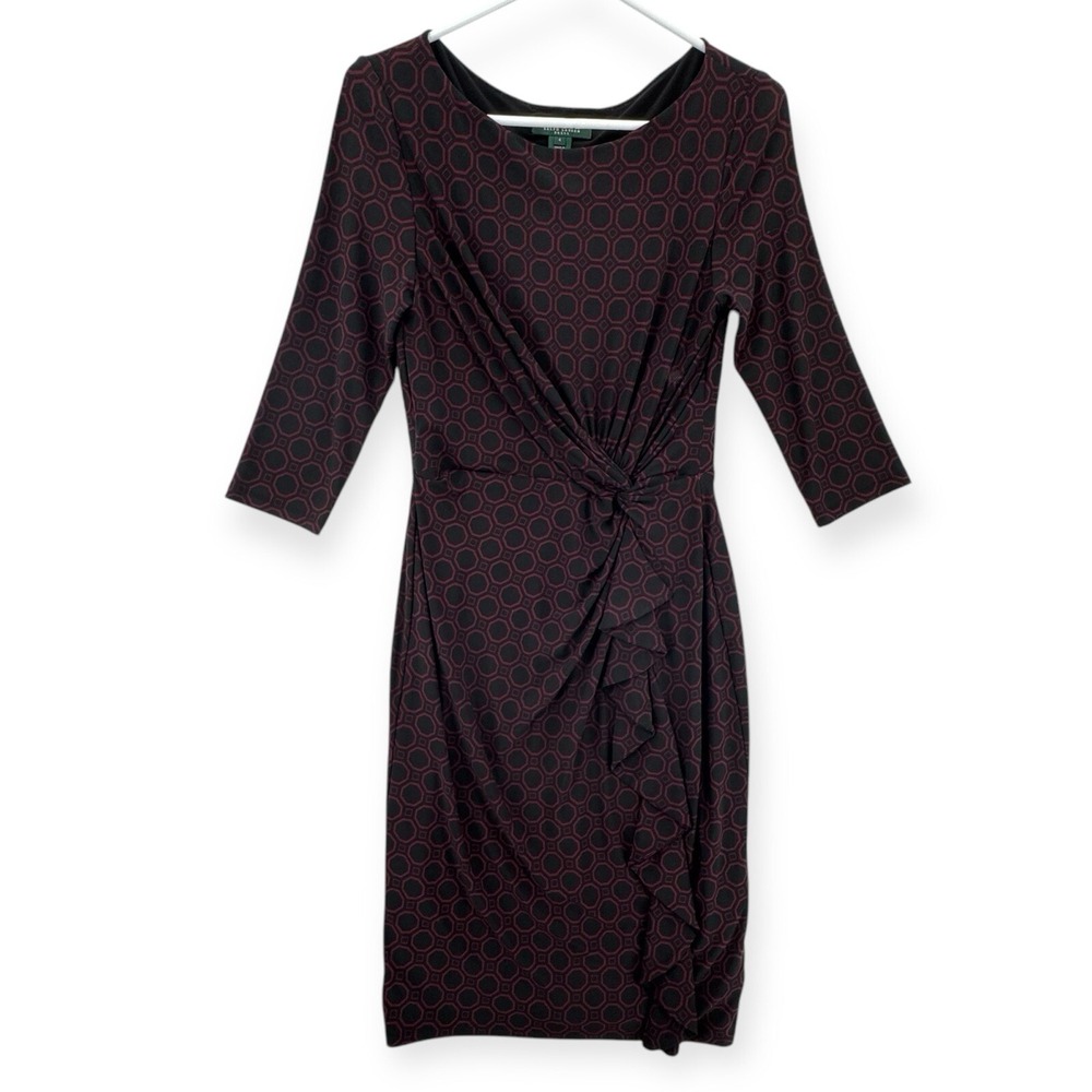 Lauren Ralph Lauren Sheath Dress Womens Size 4 Side Knot Ruffle Wrap 3/4 Sleeve